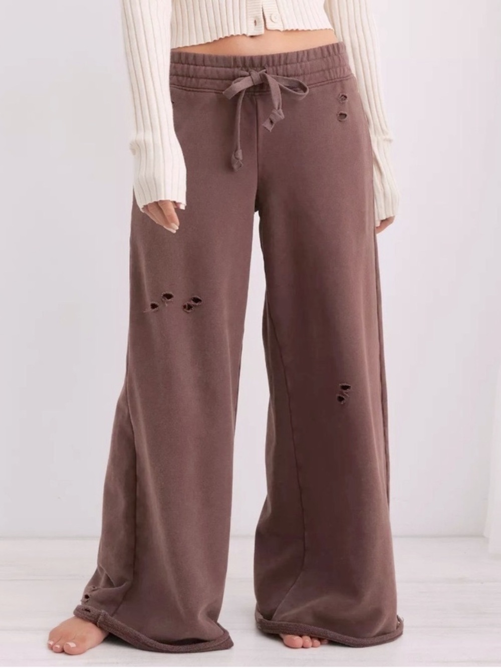 aerie baggy distressed Wide-Leg Sweatpants in Brown